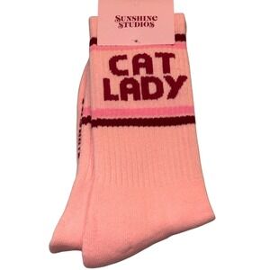 Sunshine Studios Cat Lady Pink Striped Crew Socks Womens 5-10 Mens 4-10 NEW